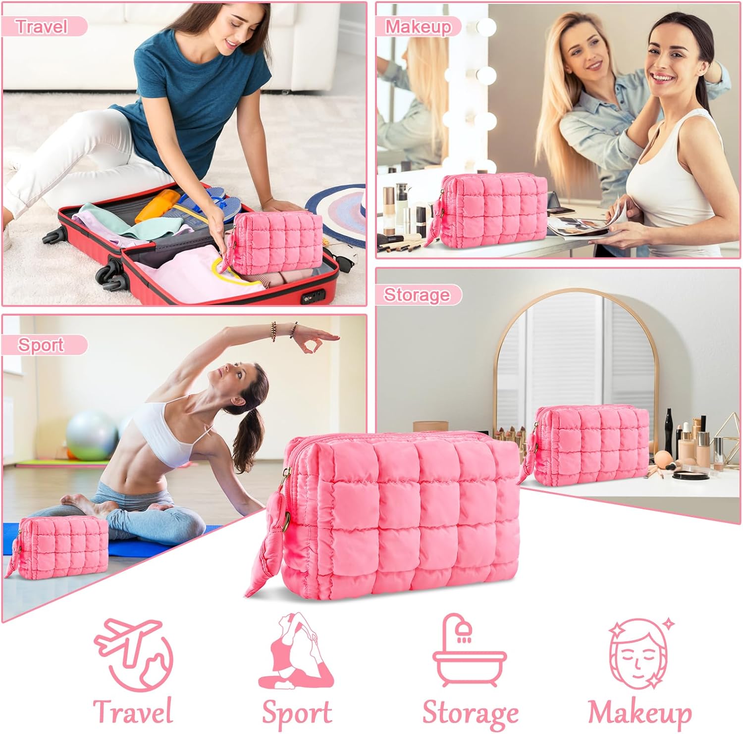 Puffer Quilted Makeup Bag Cosmetic Bags,Puffy Travel Toiletry Pouch for Women,Cute Checkered Zipper Bag Travel Essential,Portable Aesthetic Make up Organizer Bag for Gifts Work Daily(Pink,M)